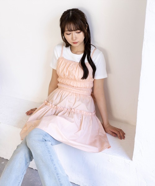 clear（クリア）の「ウエストリボン付きミニキャミワンピース［骨格ウェーブ／ガーリー］（ワンピース・レディース・サックスブルー/ピンクベージュ/オフホワイト・F）」の6枚目の写真