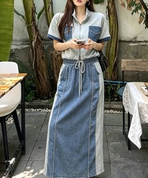 デニム切り替えスウェットトップススカートセットアップ