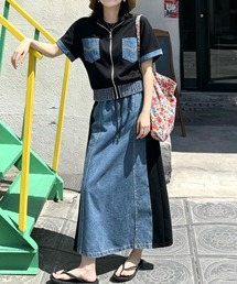 デニム切り替えスウェットトップススカートセットアップ