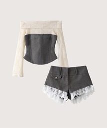 LA POMME petit(���|�~�E�v�`)��Chic Lace Panel Off-Shoulder Vest Shorts Set Up(�Z�b�g�A�b�v)