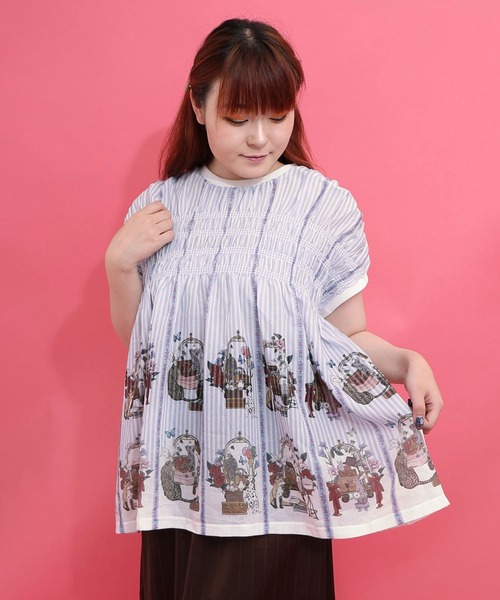 イズスカラー 562235：ベルカート柄×ストライプ ギャザー入り配色チュニック 562235：ベルカート柄×ストライプ ギャザー入り配色チュニック（T