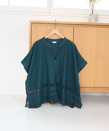 裾刺繍レース スキッパーシアーバンドカラーブラウス