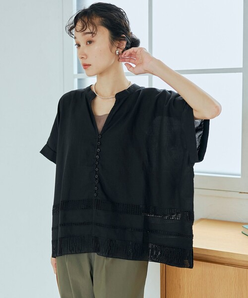 coen(コーエン)の「裾刺繍レース スキッパーシアーバンドカラーブラウス(シャツ/ブラウス・レディース・ダークグリーン/オフホワイト/ブラック・FREE)」の11枚目の写真