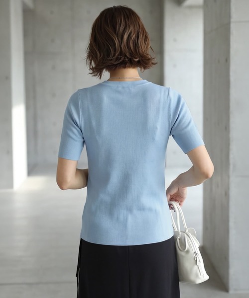 STYLE DELI(スタイルデリ)の「さらさら前ギャザー半袖ニットトップス(Tシャツ/カットソー・レディース・ブラック/アイボリー/ブルー・FREE)」の5枚目の写真