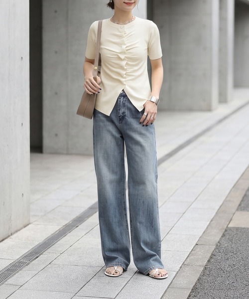 STYLE DELI(スタイルデリ)の「さらさら前ギャザー半袖ニットトップス(Tシャツ/カットソー・レディース・ブラック/アイボリー/ブルー・FREE)」の7枚目の写真