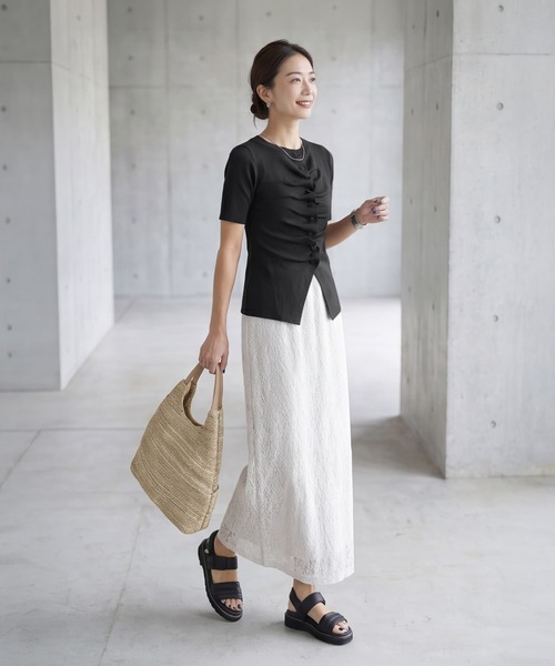 STYLE DELI(スタイルデリ)の「さらさら前ギャザー半袖ニットトップス(Tシャツ/カットソー・レディース・ブラック/アイボリー/ブルー・FREE)」の11枚目の写真