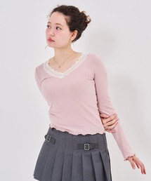 レース付き Vネック カットソー TINA：JOJUN