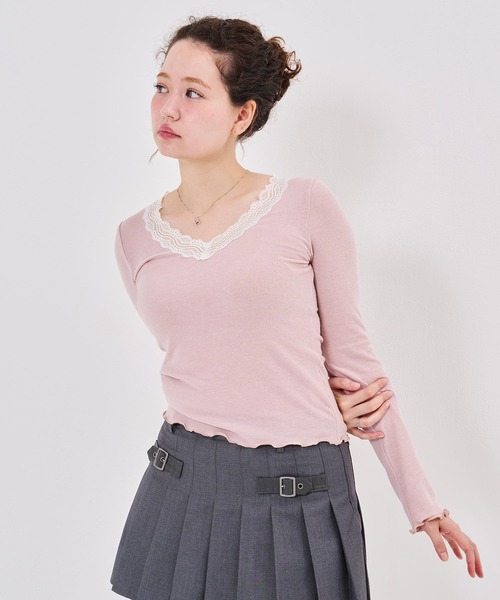 TINA:JOJUN(ティーナジョジュン)の「レース付き Vネック カットソー TINA:JOJUN(Tシャツ/カットソー・レディース・ピンク系その他/チャコール/ライトグリーン・M)」の3枚目の写真