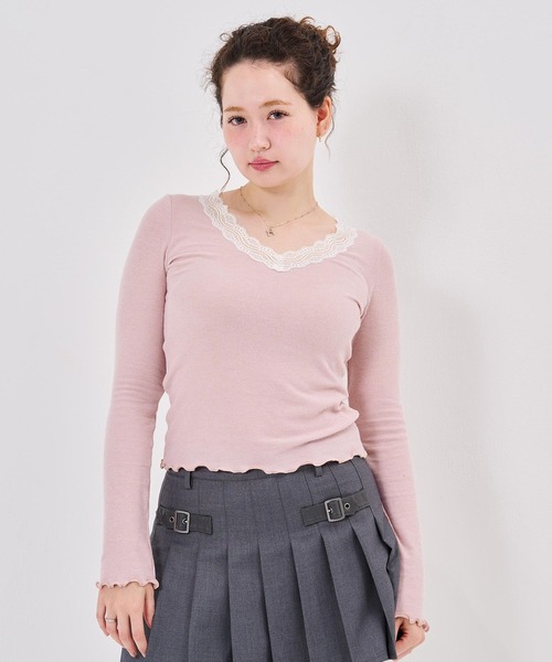 TINA:JOJUN(ティーナジョジュン)の「レース付き Vネック カットソー TINA:JOJUN(Tシャツ/カットソー・レディース・ピンク系その他/チャコール/ライトグリーン・M)」の10枚目の写真