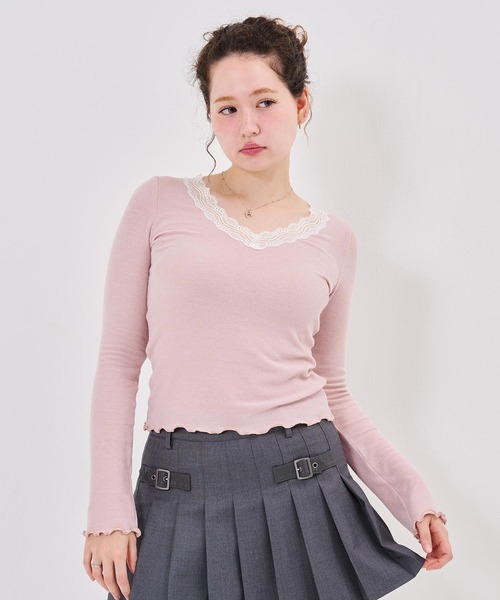TINA:JOJUN(ティーナジョジュン)の「レース付き Vネック カットソー TINA:JOJUN(Tシャツ/カットソー・レディース・ピンク系その他/チャコール/ライトグリーン・M)」の11枚目の写真