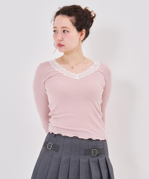 TINA:JOJUN(ティーナジョジュン)の「レース付き Vネック カットソー TINA:JOJUN(Tシャツ/カットソー・レディース・ピンク系その他/チャコール/ライトグリーン・M)」の12枚目の写真