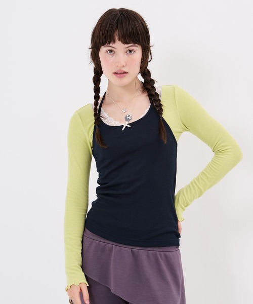 TINA:JOJUN(ティーナジョジュン)の「レース付き Vネック カットソー TINA:JOJUN(Tシャツ/カットソー・レディース・ピンク系その他/チャコール/ライトグリーン・M)」の16枚目の写真