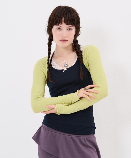 TINA:JOJUN(ティーナジョジュン)の「レース付き Vネック カットソー TINA:JOJUN(Tシャツ/カットソー・レディース・ピンク系その他/チャコール/ライトグリーン・M)」の17枚目の写真