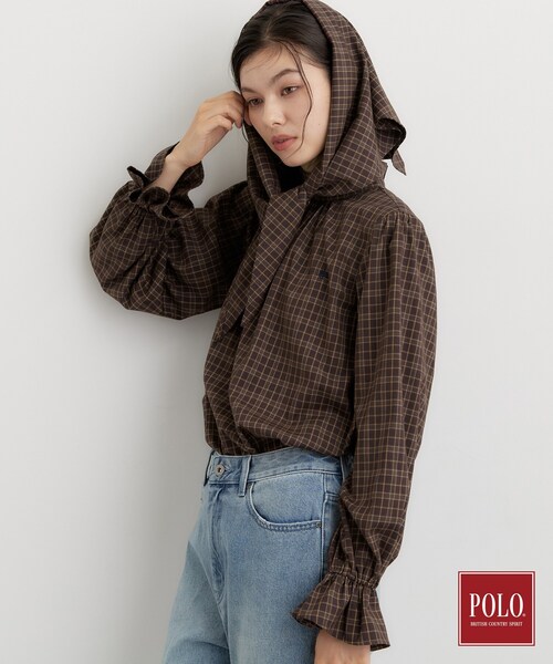 POLO BCS（ポロ ビーシーエス）の「POLO BCS/チェックスカーフ付きブラウス（シャツ/ブラウス・レディース・ダークブラウン系1/ネイビー系1・12/13）」の6枚目の写真
