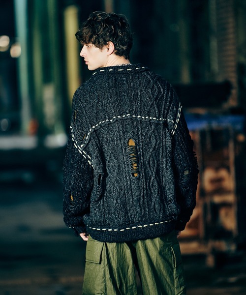 glamb(グラム)の「Damage Knit Jacket / ダメージニットジャケット(ブルゾン・メンズ・アイボリー/ブラック・S/M/L)」の11枚目の写真