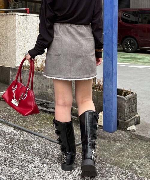 CIAOPANIC（チャオパニック）の「ハートボタンミニフリルヘムミニスカート（スカート・レディース・グレー/カーキ/ブラウン/ブラック・ONE SIZE）」の18枚目の写真