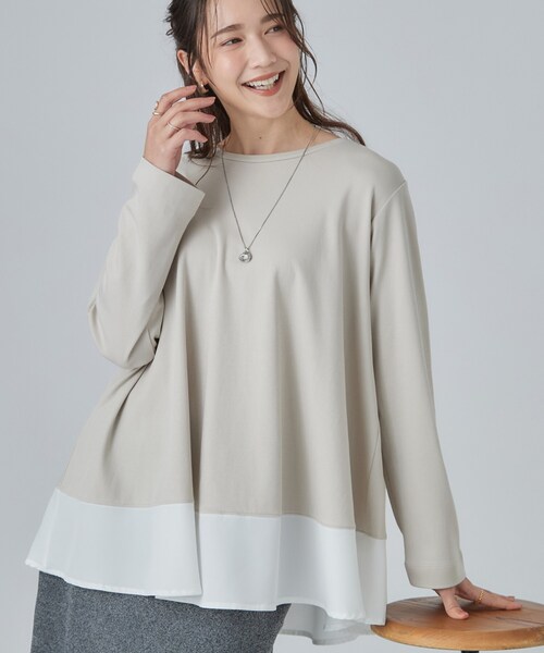 SHOO・LA・RUE(シューラルー)の「【S-LL/体型カバー】すっぽり隠れる 裾切り替えAライン長袖ゆるトップス(Tシャツ/カットソー・レディース・チャコール/ベージュ系その他7/ピンク系/ブラック・03/02/04/01)」の3枚目の写真