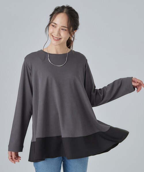 SHOO・LA・RUE(シューラルー)の「【S-LL/体型カバー】すっぽり隠れる 裾切り替えAライン長袖ゆるトップス(Tシャツ/カットソー・レディース・チャコール/ベージュ系その他7/ピンク系/ブラック・03/02/04/01)」の13枚目の写真