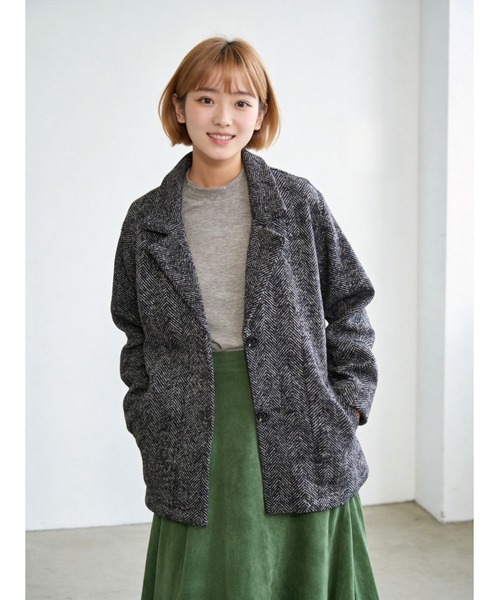 Sew loop（ソーループ）の「ヘリンボーン柄裏起毛テーラードジャケット秋冬長袖暖かいアウター（テーラードジャケット・レディース・グレー・L/M）」の3枚目の写真