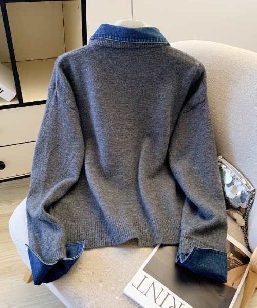 LUCPY（ラクピー）の「デニム襟ドッキングニットプルオーバー（ニット/セーター・レディース・ネイビー/グレー/ホワイト・FREE）」の4枚目の写真