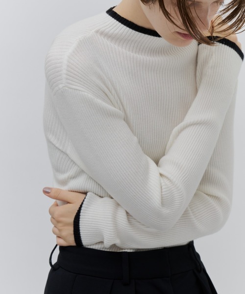 Plumel(プルメル)の「Bicolor Bottle Neck Rib Knit / バイカラーボトルネックリブニット(ニット/セーター・レディース・ブラウン/グレー/オフホワイト/ブラック・MEDIUM)」の1枚目の写真