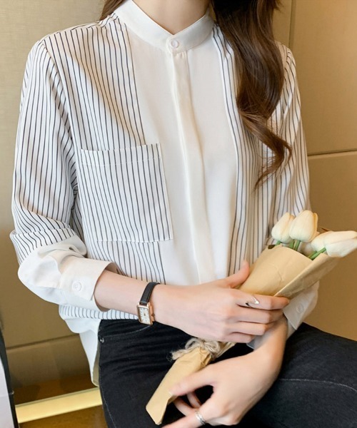 ReRe(リリ)の「ストライプ切替バンドカラーシャツ(シャツ/ブラウス・レディース・ホワイト・MEDIUM/X-LARGE/LARGE)」の3枚目の写真