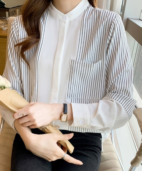 ReRe(リリ)の「ストライプ切替バンドカラーシャツ(シャツ/ブラウス・レディース・ホワイト・MEDIUM/X-LARGE/LARGE)」の8枚目の写真