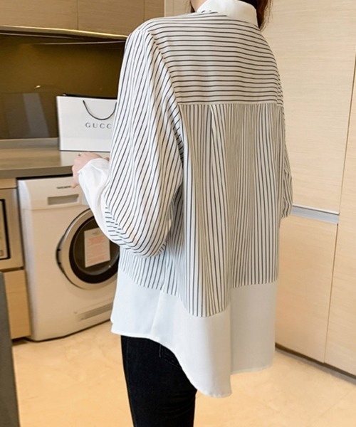 ReRe(リリ)の「ストライプ切替バンドカラーシャツ(シャツ/ブラウス・レディース・ホワイト・MEDIUM/X-LARGE/LARGE)」の9枚目の写真