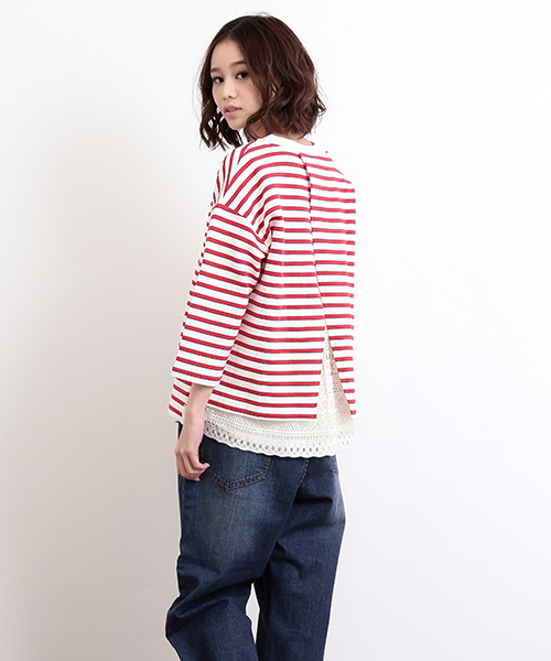 CUBE SUGAR（キューブシュガー）の「リップルボーダー×レース 後ろレースプルオーバー（Tシャツ/カットソー・レディース・ホワイト×ブラック/ホワイト×ブルー/ホワイト×レッド/ホワイト×ネイビー・M）」の2枚目の写真