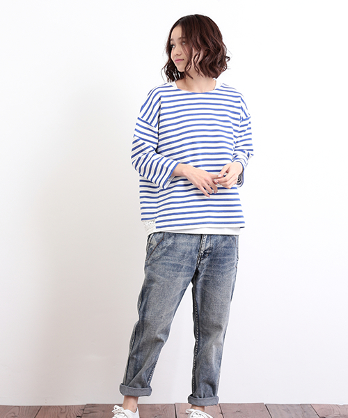 CUBE SUGAR（キューブシュガー）の「リップルボーダー×レース 後ろレースプルオーバー（Tシャツ/カットソー・レディース・ホワイト×ブラック/ホワイト×ブルー/ホワイト×レッド/ホワイト×ネイビー・M）」の6枚目の写真