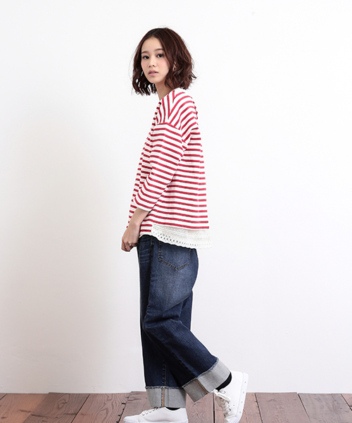 CUBE SUGAR（キューブシュガー）の「リップルボーダー×レース 後ろレースプルオーバー（Tシャツ/カットソー・レディース・ホワイト×ブラック/ホワイト×ブルー/ホワイト×レッド/ホワイト×ネイビー・M）」の7枚目の写真