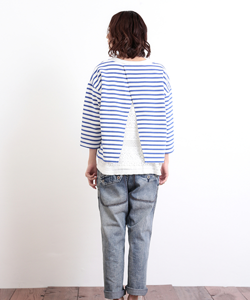 CUBE SUGAR（キューブシュガー）の「リップルボーダー×レース 後ろレースプルオーバー（Tシャツ/カットソー・レディース・ホワイト×ブラック/ホワイト×ブルー/ホワイト×レッド/ホワイト×ネイビー・M）」の8枚目の写真