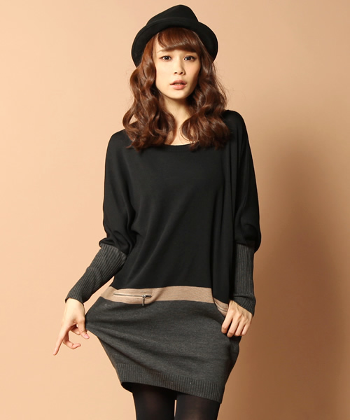 INTERPLANET WINGS(インタープラネットウィング)の「バイカラーファスナーPK付ニットワンピース(ワンピース・レディース・ブラック/ベージュ/ブラック系その他/ブルー系その他/ボルドー/ピンク/マスタード・FREE)」の1枚目の写真