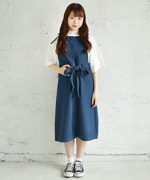 PairPair（ペアペア）の「デニムエプロンジャンスカ（ワンピース・レディース・ブルー/ライトブルー・FREE）」の3枚目の写真
