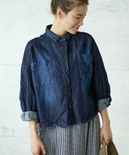 PUAL CE CIN（ピュアルセシン）の「綿ヘンプデニムブラウス（シャツ/ブラウス・レディース・インディゴブルー/ブルー・FREE）」の2枚目の写真