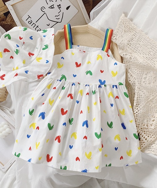aimoha（アイモハ）の「【aimoha-KIDS-】【新作】春夏/韓国子供服 ハート柄キャミソールワンピース 帽子付き（ワンピース・キッズ・ホワイト・90/100/110/120/130）」の6枚目の写真