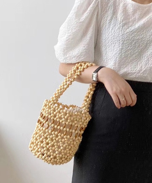 shopnikoniko（ショップニコニコ）の「ウッドビーズ ハンドミニバッグ（ハンドバッグ・レディース・ブラック/ベージュ/アイボリー・フリー）」の3枚目の写真