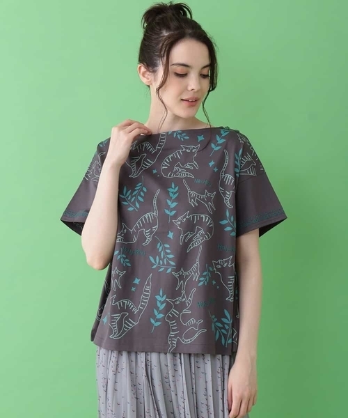 Jocomomola(ホコモモラ)の「Gato nocturno プリントTシャツ(Tシャツ/カットソー・レディース・アイボリー/チャコールグレー・40)」の2枚目の写真