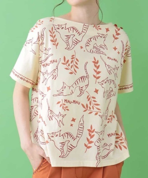Jocomomola(ホコモモラ)の「Gato nocturno プリントTシャツ(Tシャツ/カットソー・レディース・アイボリー/チャコールグレー・40)」の1枚目の写真