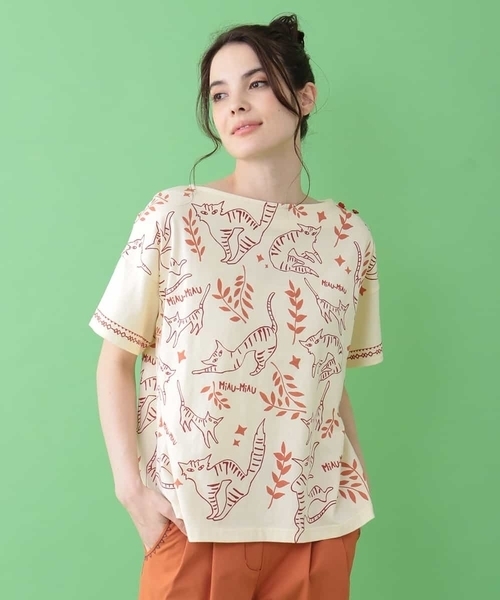 Jocomomola(ホコモモラ)の「Gato nocturno プリントTシャツ(Tシャツ/カットソー・レディース・アイボリー/チャコールグレー・40)」の3枚目の写真