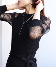 【shemoshelly】袖シアーロングスリーブニット