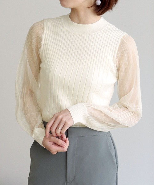 HER CLOSET（ハークローゼット）の「【shemoshelly】袖シアーロングスリーブニット（ニット/セーター・レディース・ホワイト/ブラック・M）」の16枚目の写真