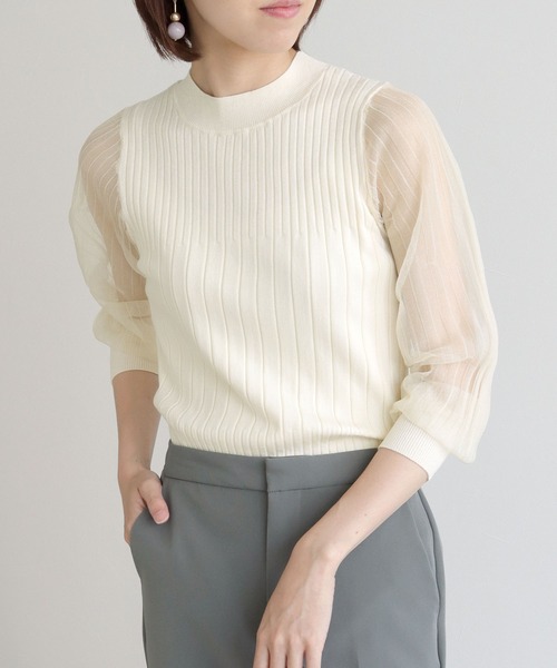 HER CLOSET（ハークローゼット）の「【shemoshelly】袖シアーロングスリーブニット（ニット/セーター・レディース・ホワイト/ブラック・M）」の8枚目の写真