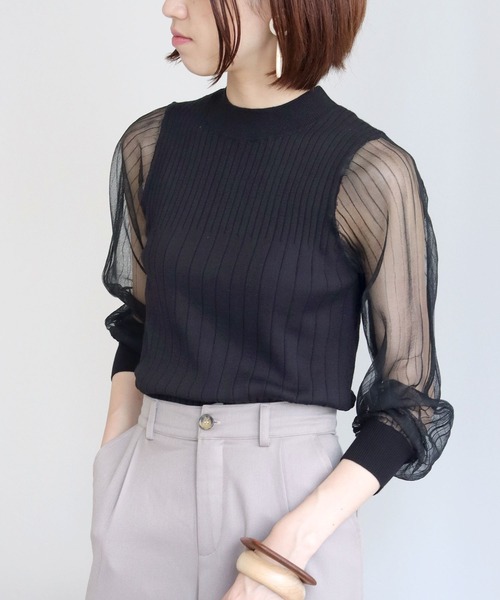 HER CLOSET（ハークローゼット）の「【shemoshelly】袖シアーロングスリーブニット（ニット/セーター・レディース・ホワイト/ブラック・M）」の4枚目の写真