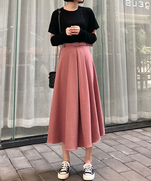 Bifrost（ビフレスト）の「ベルト付きフレアスカート（スカート・レディース・ブラック/ピンク/キャメル・L/M）」の3枚目の写真