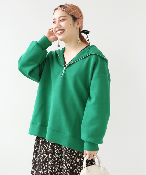 Simplicite（サンプリシテ）の「ダンボールハーフジップ フードプルオーバー◆（パーカー・レディース・グリーン/ホワイト/ネイビー・FREE）」の9枚目の写真