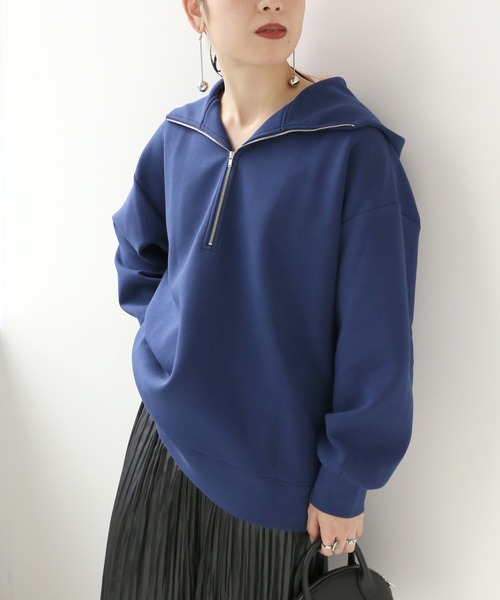 Simplicite（サンプリシテ）の「ダンボールハーフジップ フードプルオーバー◆（パーカー・レディース・グリーン/ホワイト/ネイビー・FREE）」の10枚目の写真