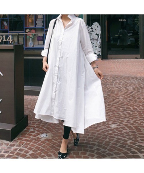 Ritzy(リッツィー)の「大人シルエット ゆる感 ミモレ丈 Aライン シャツワンピース(シャツワンピース・レディース・ホワイト/ブラック/ベージュ/ネイビー/ブラウン・S/M/L)」の9枚目の写真