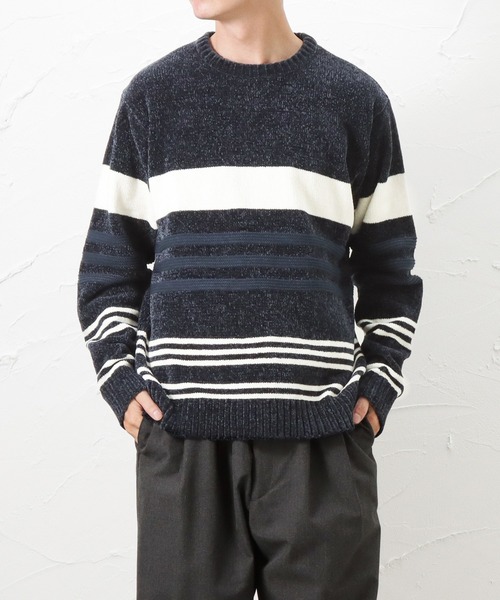 NAVY(ネイビー)の「NAVY ネイビー モールニット ボーダークルーセーター(ニット/セーター・メンズ・チャコール/グリーン/ネイビー/レッド・M/L/XL)」の3枚目の写真