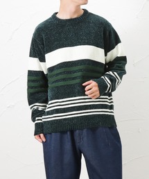 NAVY ネイビー モールニット ボーダークルーセーター